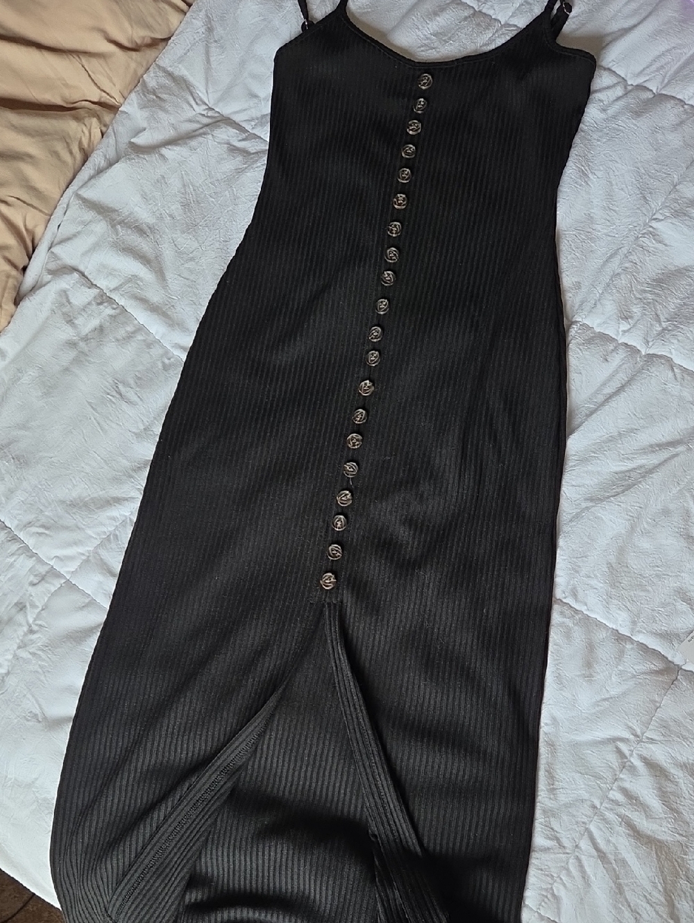 Vici Black Ribbed Button-Front Dress
